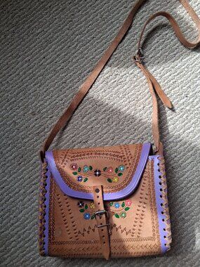 Vintage mexican , handmade tooled and painted bag all leather